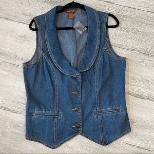 Orvis Denim Vest Sz Large New Deep V Neckline Button Front Elastic Back Western